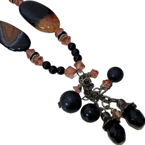 (4-111) NWOT Black & Orange Druzy Agate Long Necklace - One of a Kind - Handmade - Picture 6 of 9